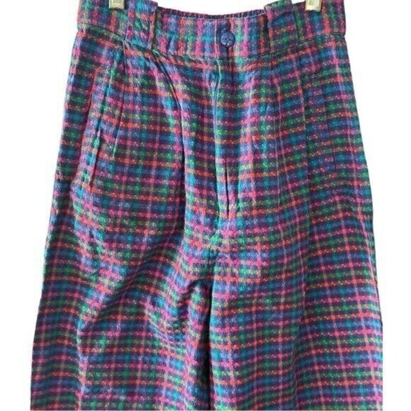 VTG 80s Heirloom Seersucker Barrel Pant Carrot Fit Colorful Plaid Elastic Waist - Picture 5 of 12